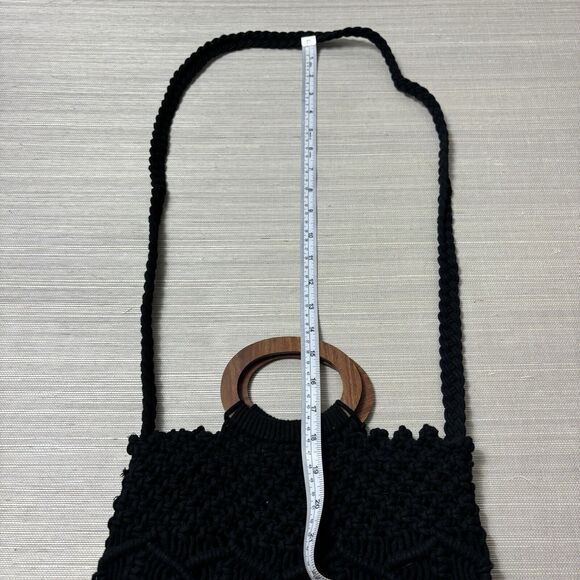 Danielle Nicole Macrame Crochet Boho Black Bag w/ Wood Handle & Crossbody Strap - Picture 12 of 13